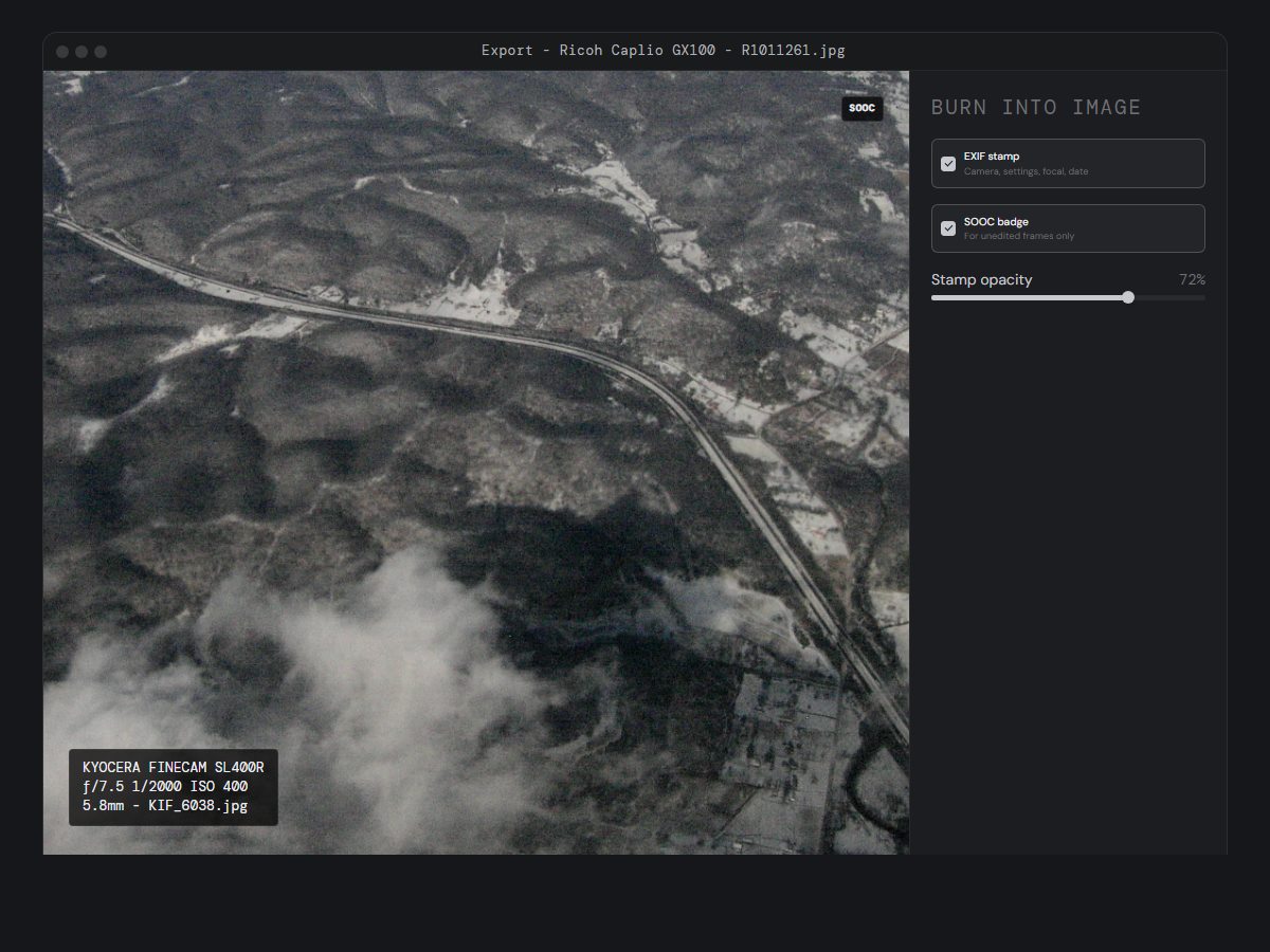 Burn-in EXIF and SOOC mockup screenshot