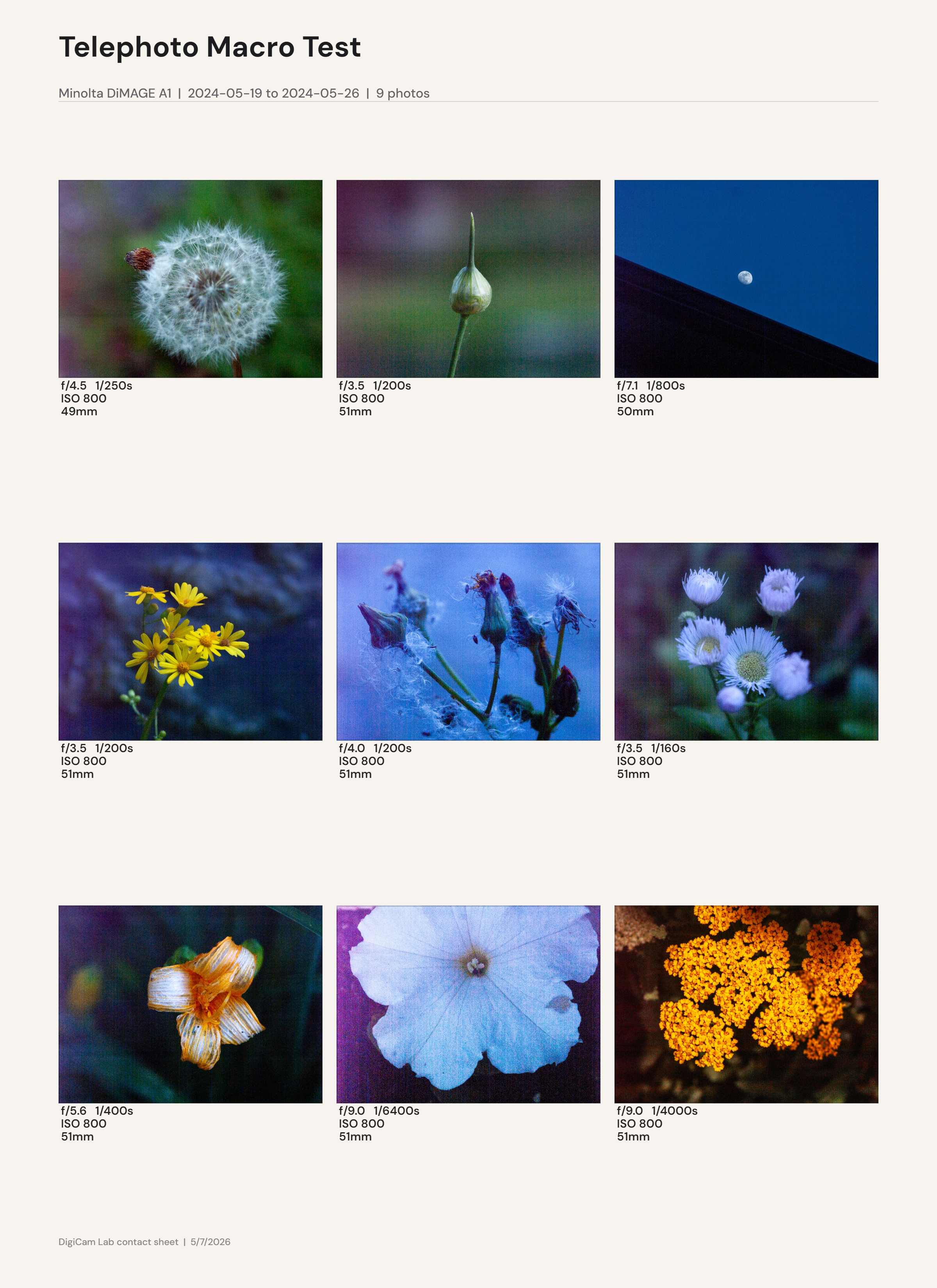 Real DigiCam Lab contact sheet — Minolta DiMAGE A1 telephoto macro test, 9 photos with EXIF metadata