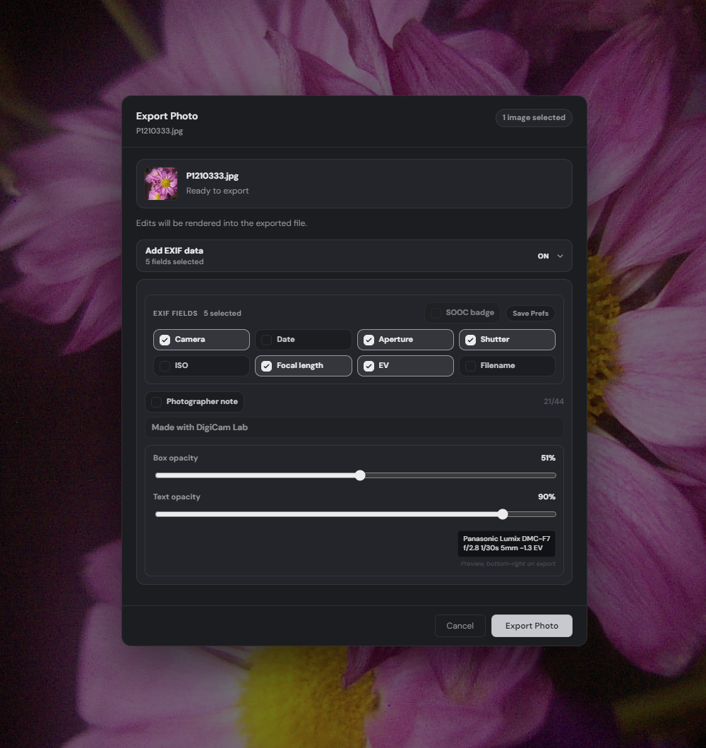 DigiCam Lab EXIF burn-in export window — choose which EXIF fields appear on the exported photo